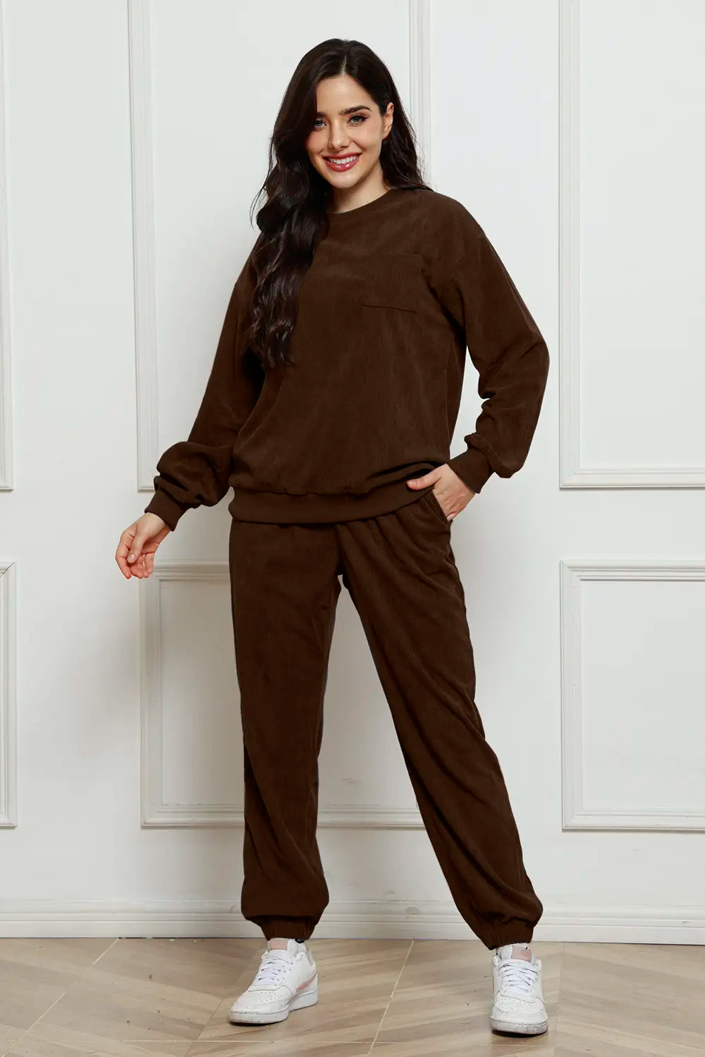 Corduroy Round Neck Sweatshirt and Sweatpants Set - LoveNest Treasures