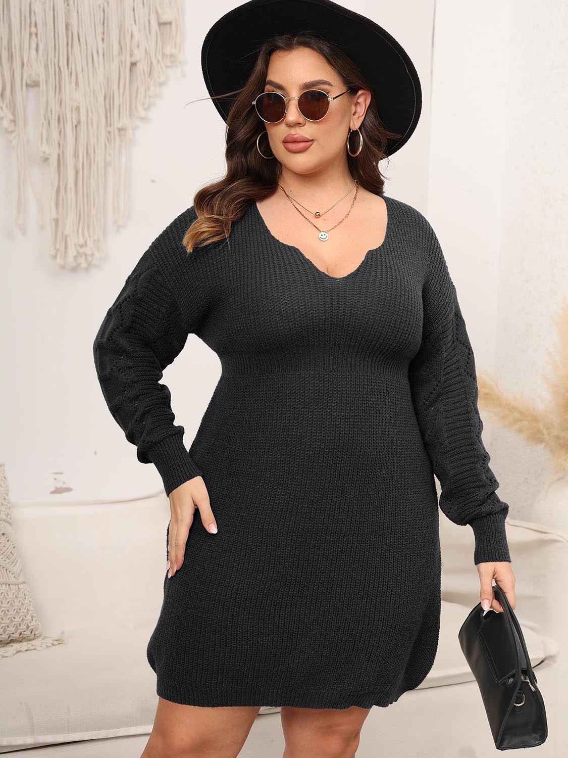 Plus Size Dropped Shoulder Long Sleeve Knit Mini Dress - LoveNest Treasures
