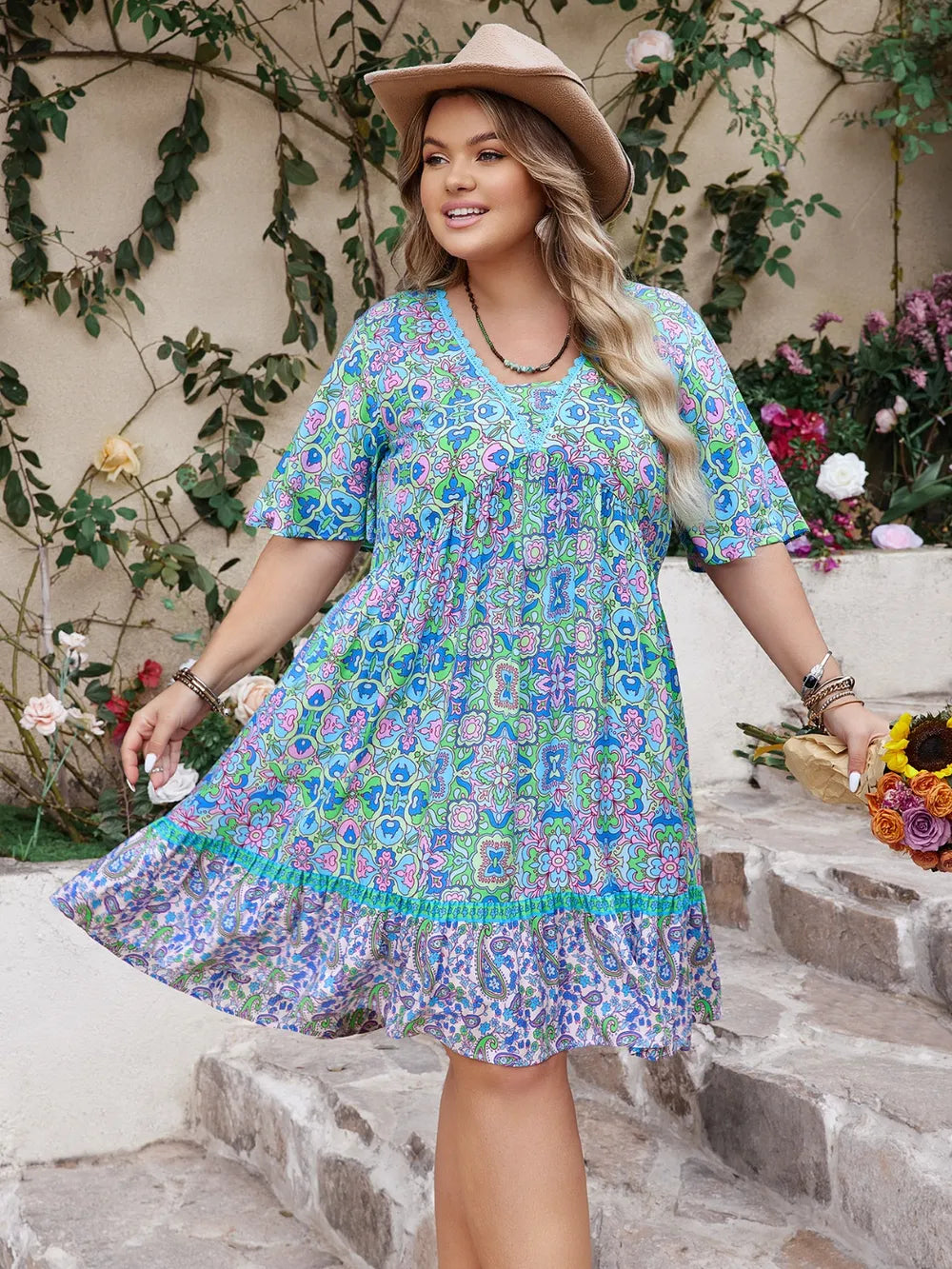 Plus Size Ruffled Hem Lace Detail Printed Half Sleeve Dress - LoveNest Treasures