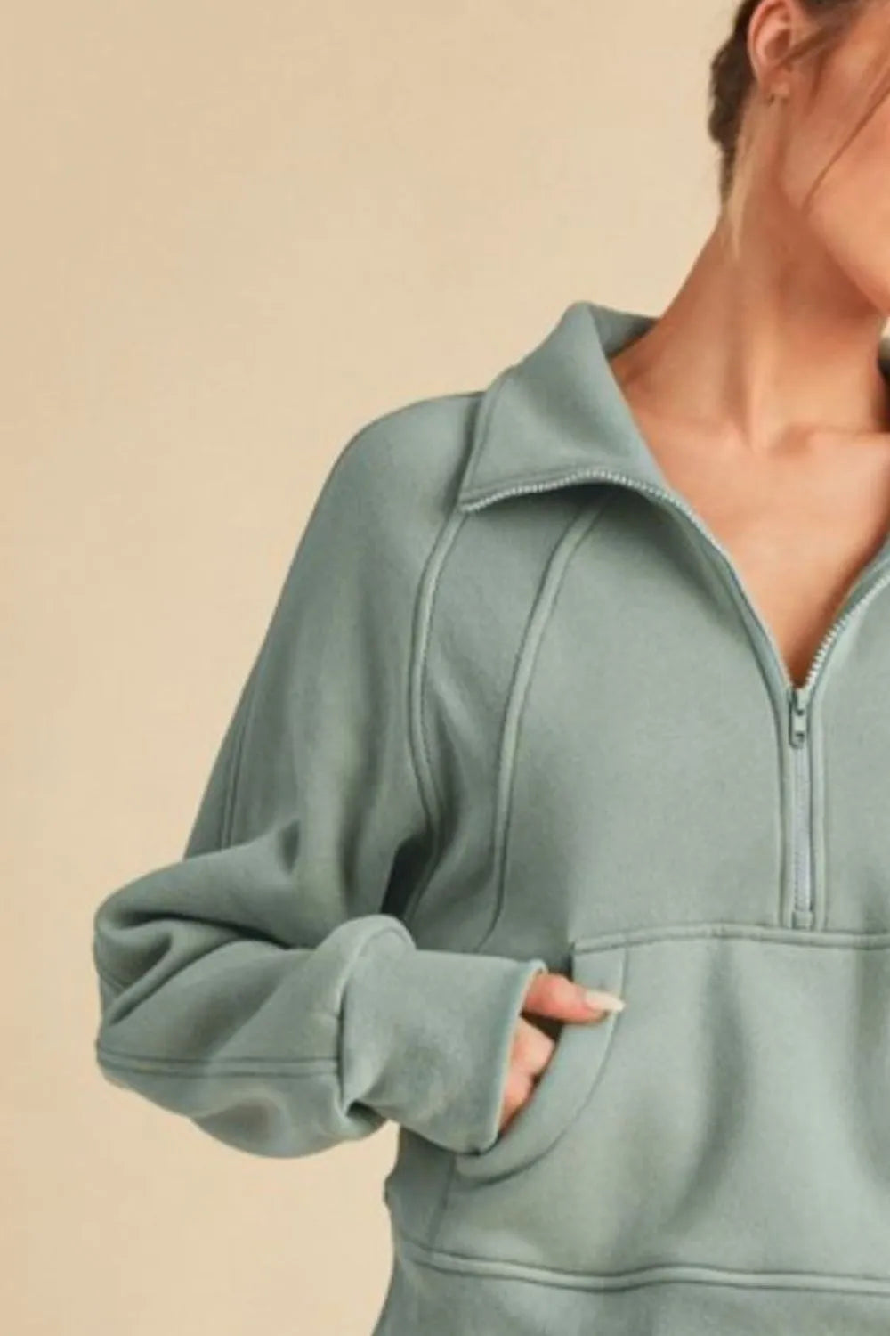 Aemi + Co Half Zip Raglan Sleeve Sweatshirt with Kangaroo Pocket - LoveNest Treasures