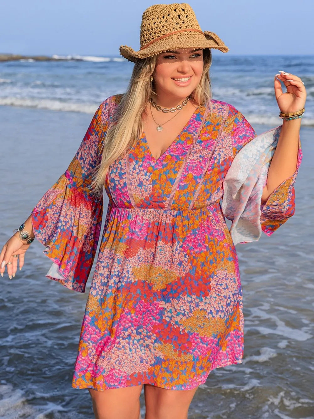 Plus Size Ruched Printed Long Sleeve Dress - LoveNest Treasures