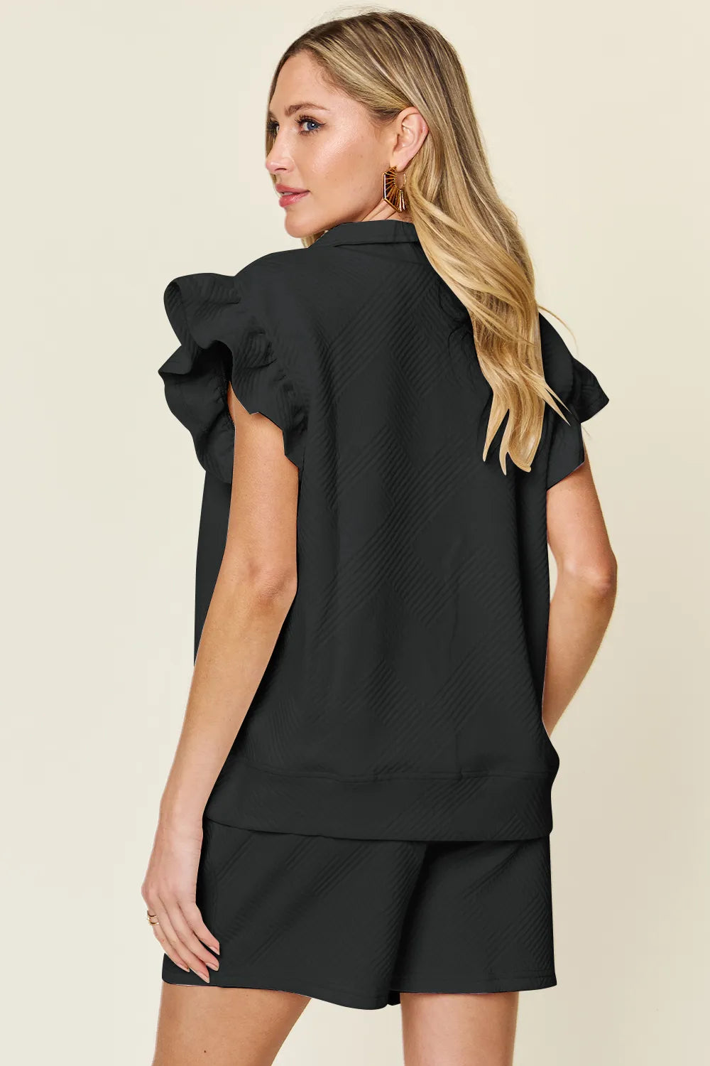Double Take Full Size Texture Flounce Sleeve Top and Drawstring Shorts Set - LoveNest Treasures