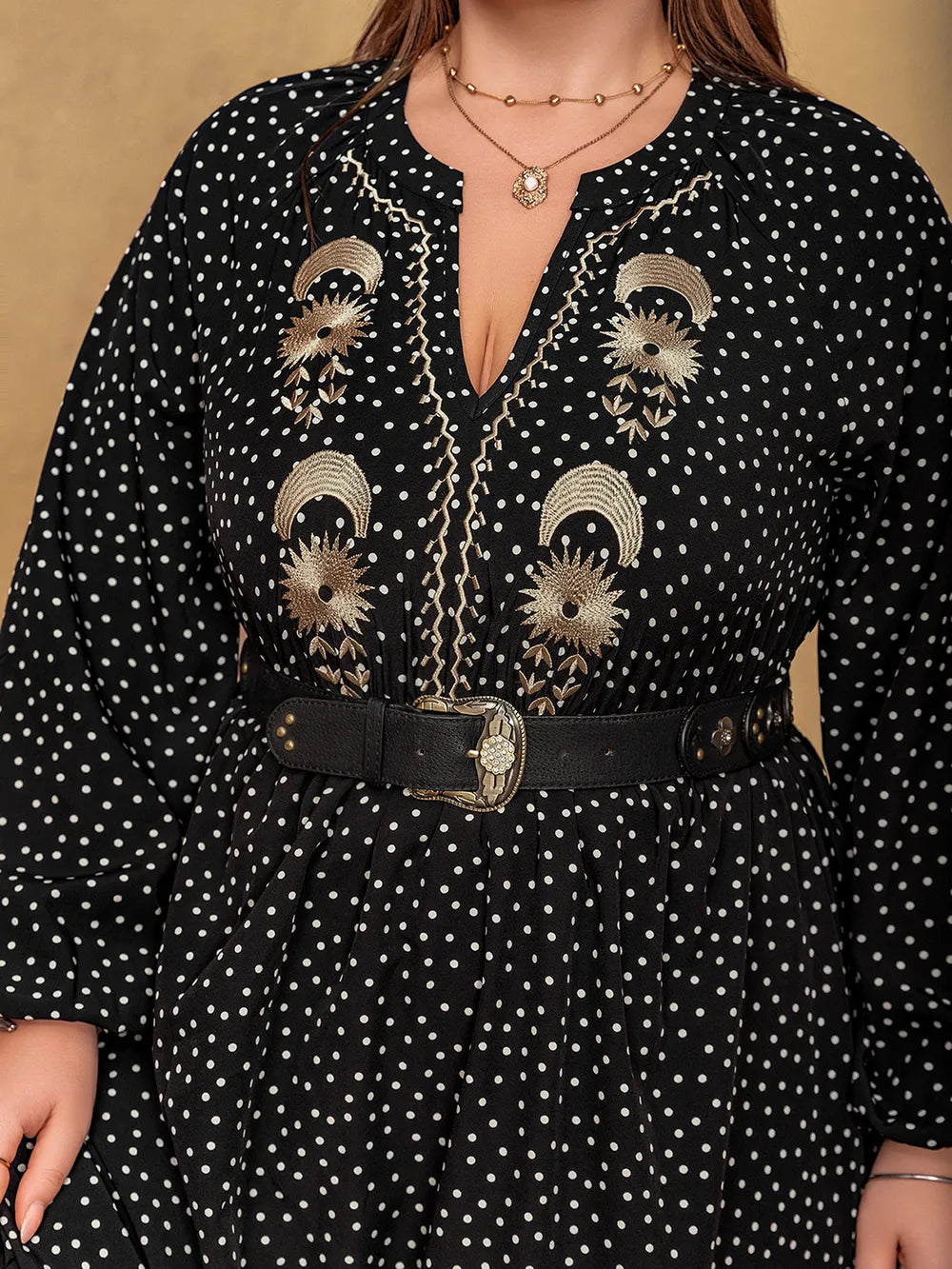 Plus Size Embroidered Polka Dot Notched Long Sleeve Dress - LoveNest Treasures