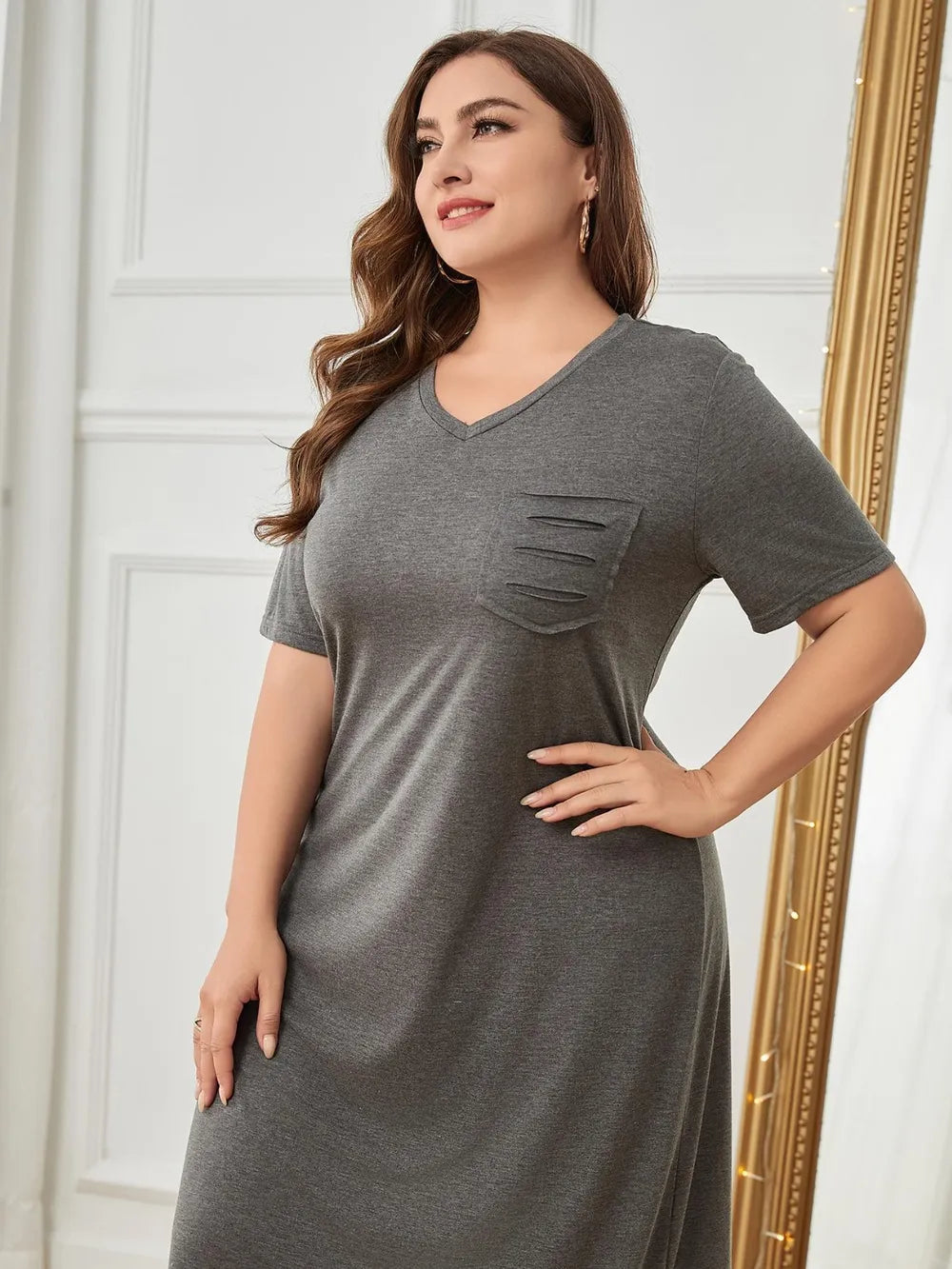Plus Size Pocketed V-Neck Short Sleeve Lounge Dress - LoveNest Treasures