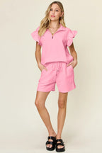 Double Take Full Size Texture Flounce Sleeve Top and Drawstring Shorts Set - LoveNest Treasures