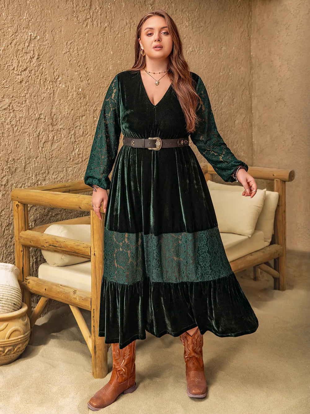 Plus Size Lace Patchwork V-Neck Balloon Sleeve Midi Dress - LoveNest Treasures