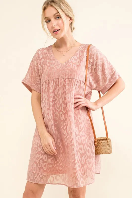 And The Why Woven Leopard Baby Doll Roll-Sleeve Casual Dress - LoveNest Treasures