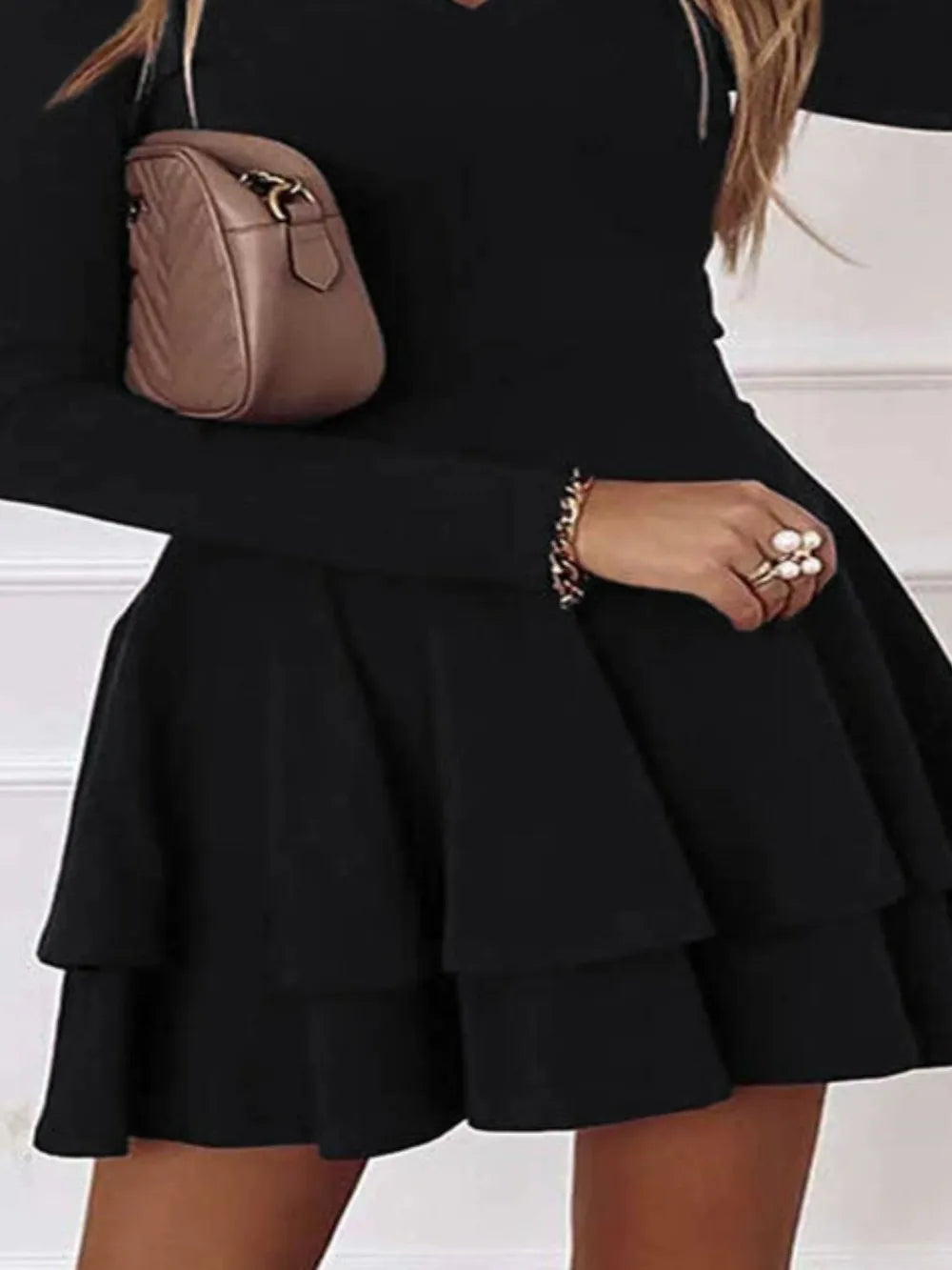 Plus Size Layered V-Neck Long Sleeve Mini Dress - LoveNest Treasures