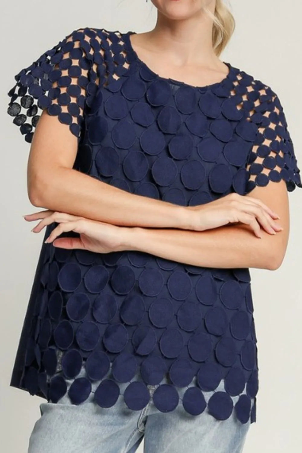 Umgee Full Size Mixed Polka Dot Lace Raglan Sleeve Boxy Cut Top Plus Size - LoveNest Treasures