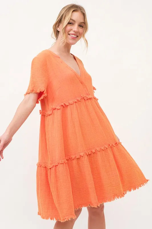 And The Why Washed Frayed Detail Tiered Dress - LoveNest Treasures