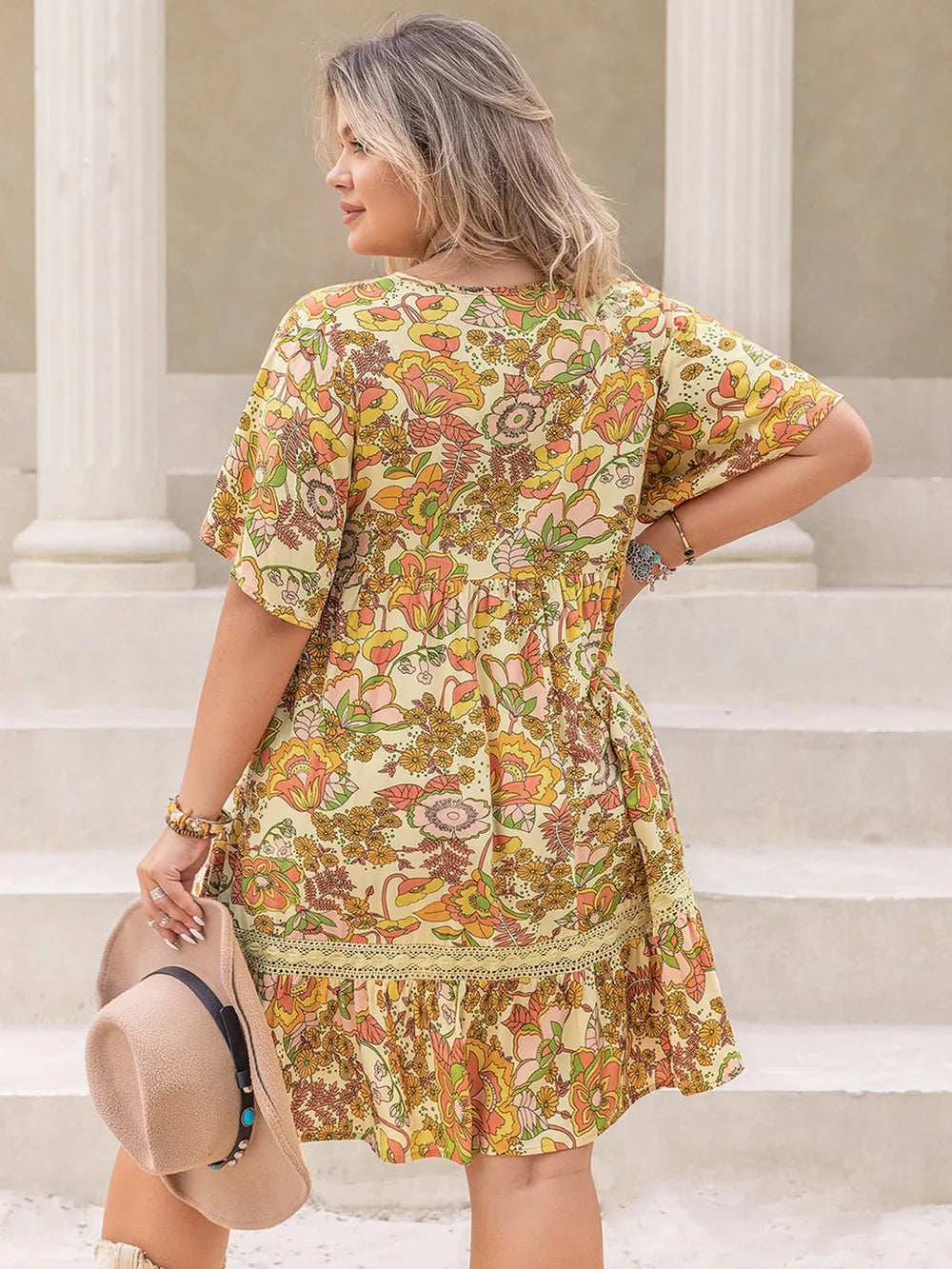 Plus Size Printed Tie Neck Short Sleeve Mini Dress - LoveNest Treasures