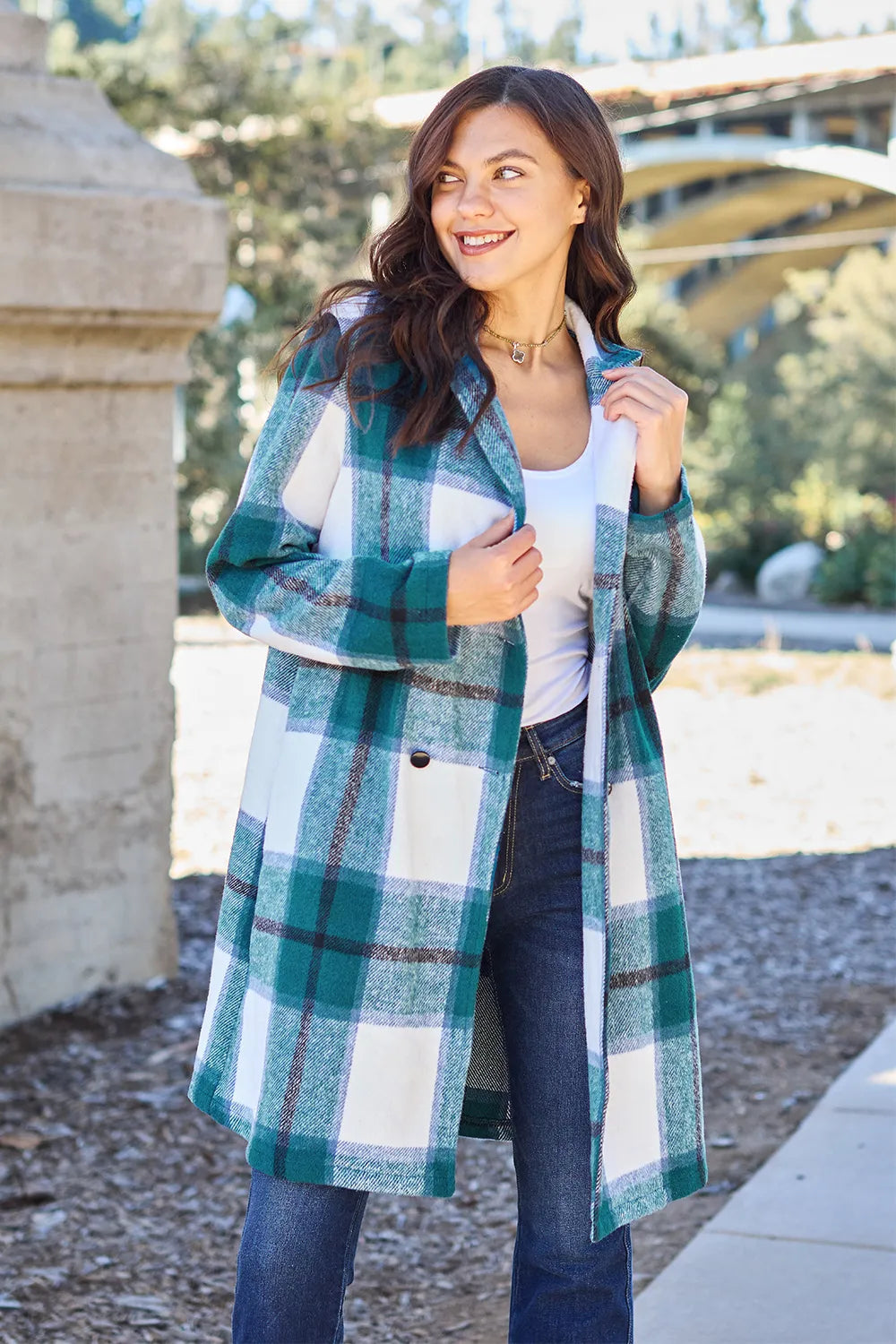 Double Take Full Size Plaid Button Up Lapel Collar Coat - LoveNest Treasures