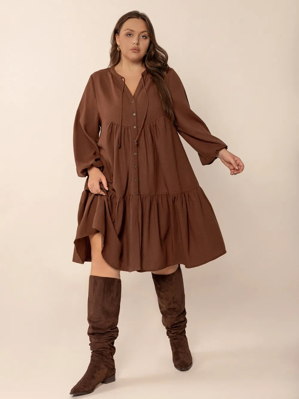 Plus Size Tie Neck Balloon Sleeve Tiered Dress - LoveNest Treasures