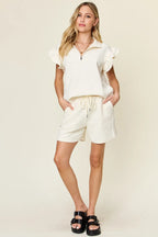 Double Take Full Size Texture Flounce Sleeve Top and Drawstring Shorts Set - LoveNest Treasures