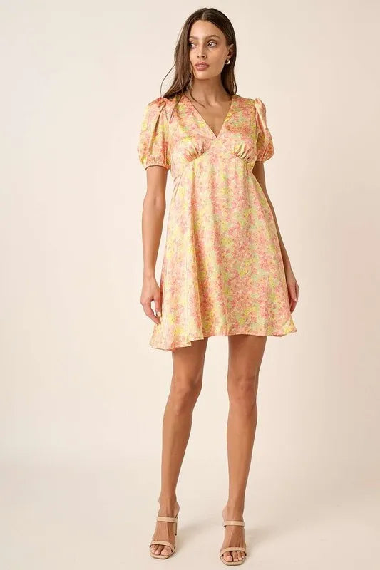 Mittoshop Printed V-Neck Puff Sleeve Mini Dress - LoveNest Treasures