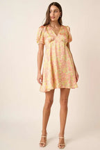 Mittoshop Printed V-Neck Puff Sleeve Mini Dress - LoveNest Treasures