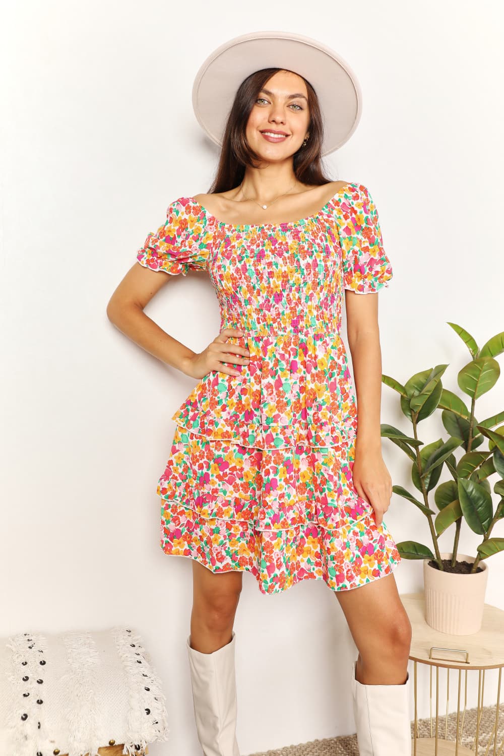 Devine Smocked Sweetheart Neck Flounce Sleeve Mini Dress - LoveNest Treasures