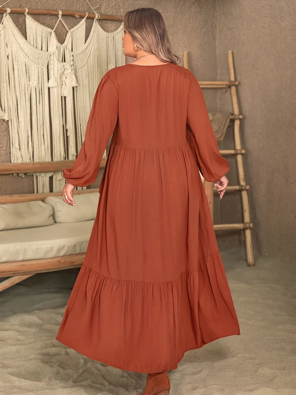 Plus Size Ruffled V-Neck Balloon Sleeve Dress - LoveNest Treasures