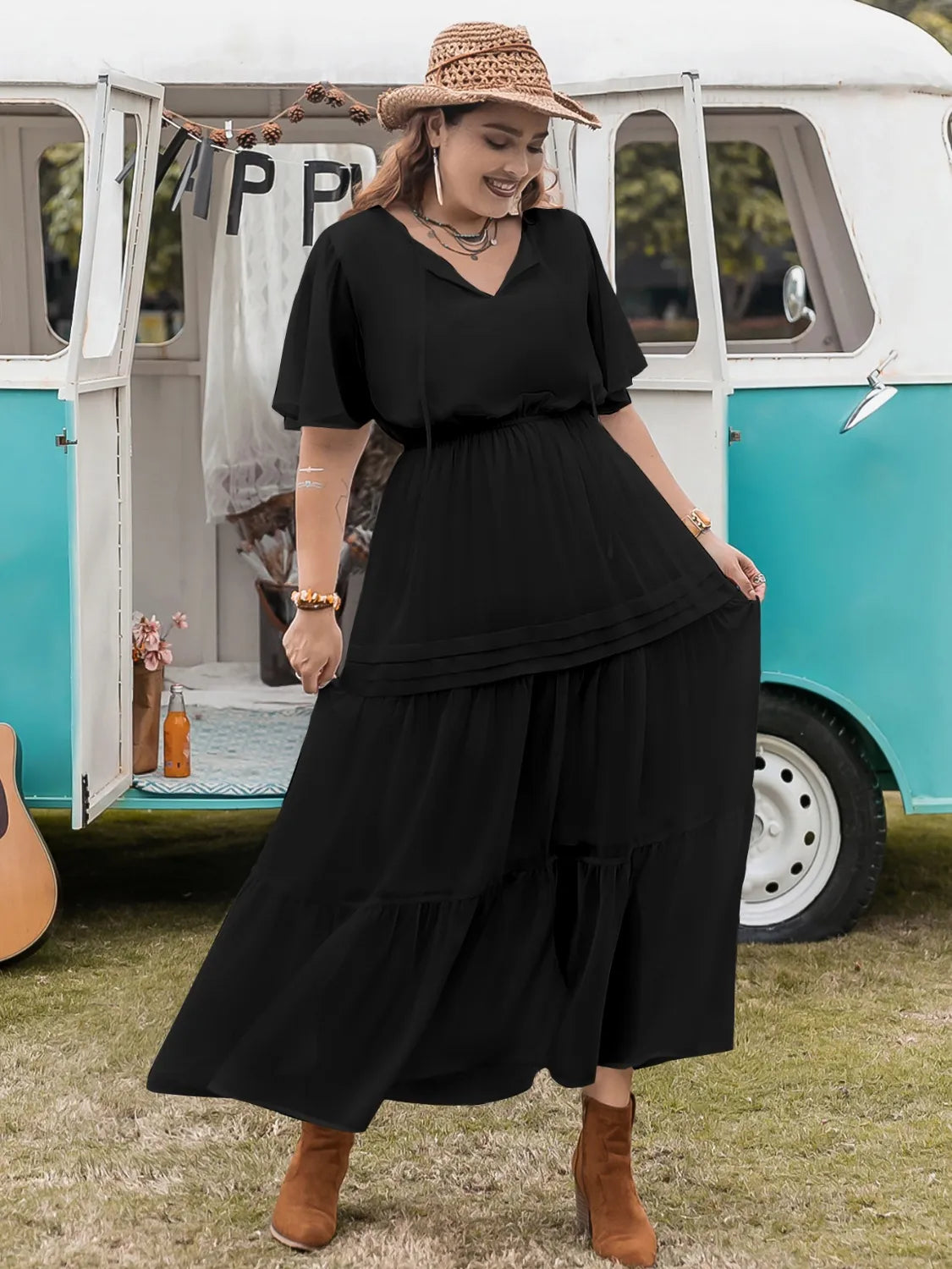 Plus Size Tie Neck Flutter Sleeve Dress - LoveNest Treasures
