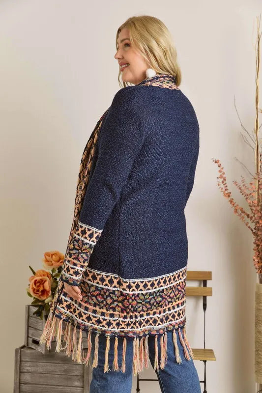 ADORA Full Size Fringe Hem Aztec Border Cardigan Plus Size - LoveNest Treasures
