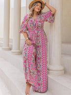 Plus Size Printed Half Sleeve Wide Leg Jumpsuit - LoveNest Treasures