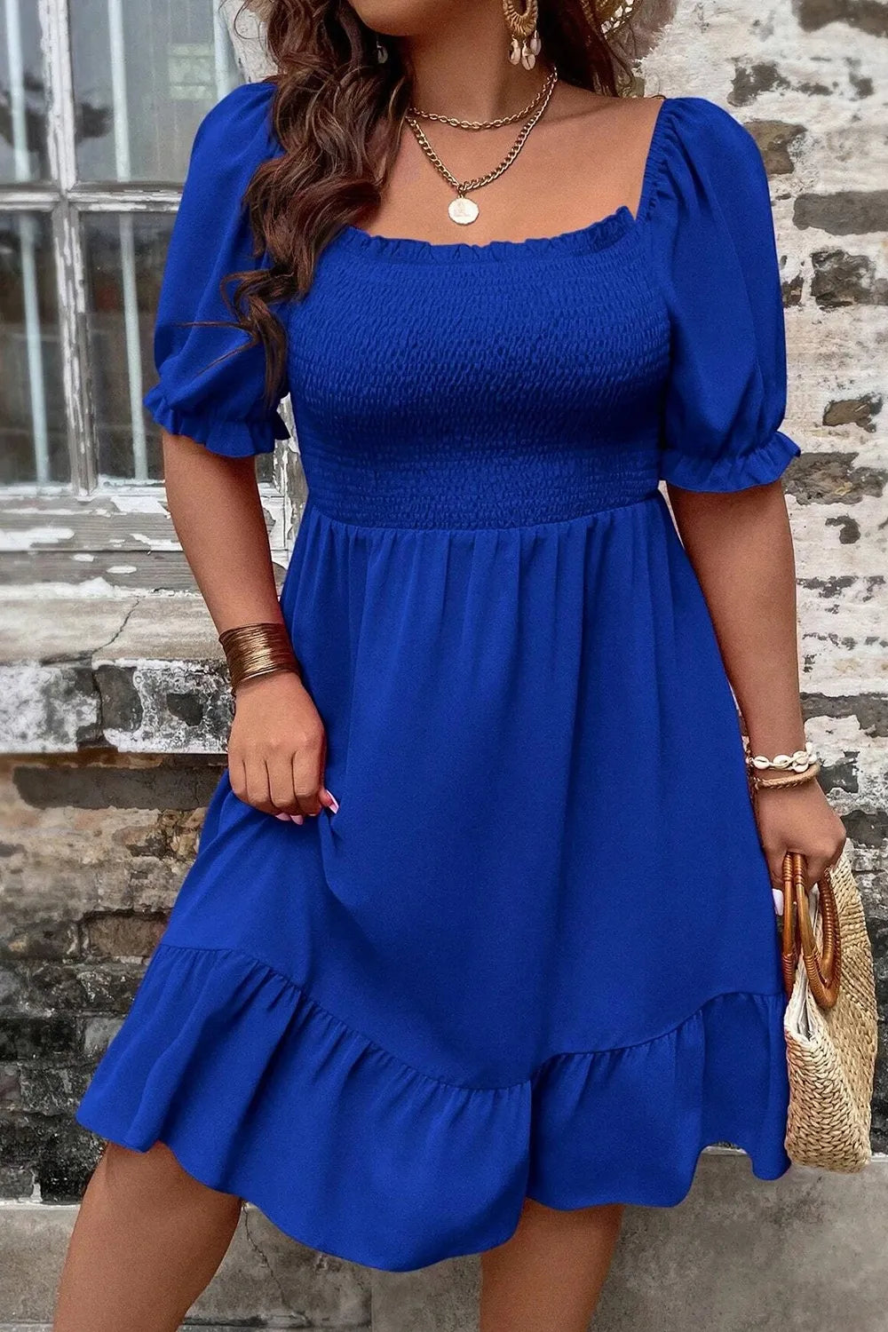 Plus Size Smocked Square Neck Short Sleeve Dress - LoveNest Treasures