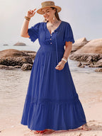 Plus Size Lace Detail Tie Neck Short Sleeve Maxi Dress - LoveNest Treasures