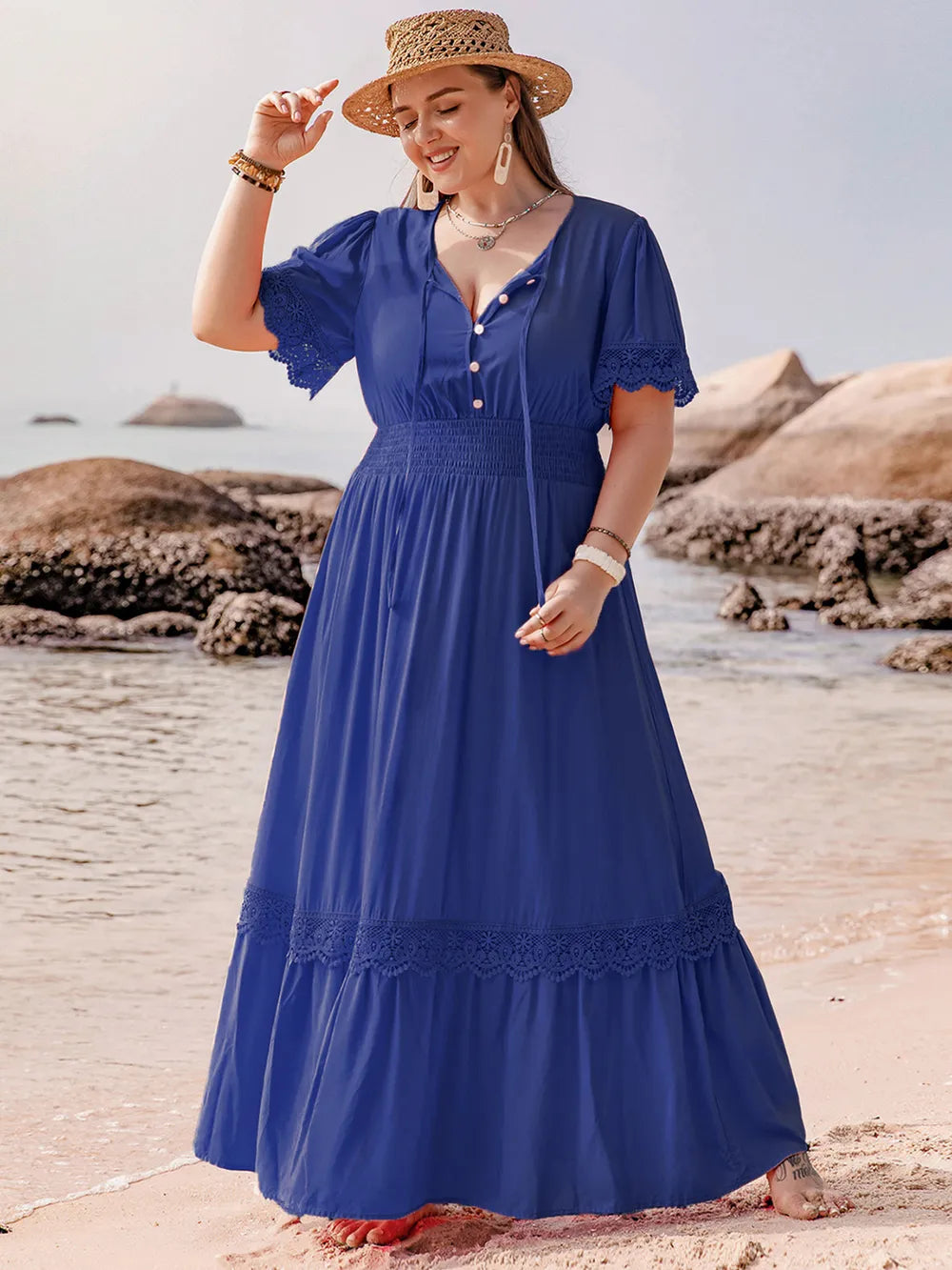 Plus Size Lace Detail Tie Neck Short Sleeve Maxi Dress - LoveNest Treasures