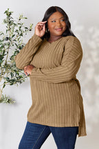Basic Bae Full Size Ribbed Round Neck Long Sleeve Slit Top - LoveNest Treasures
