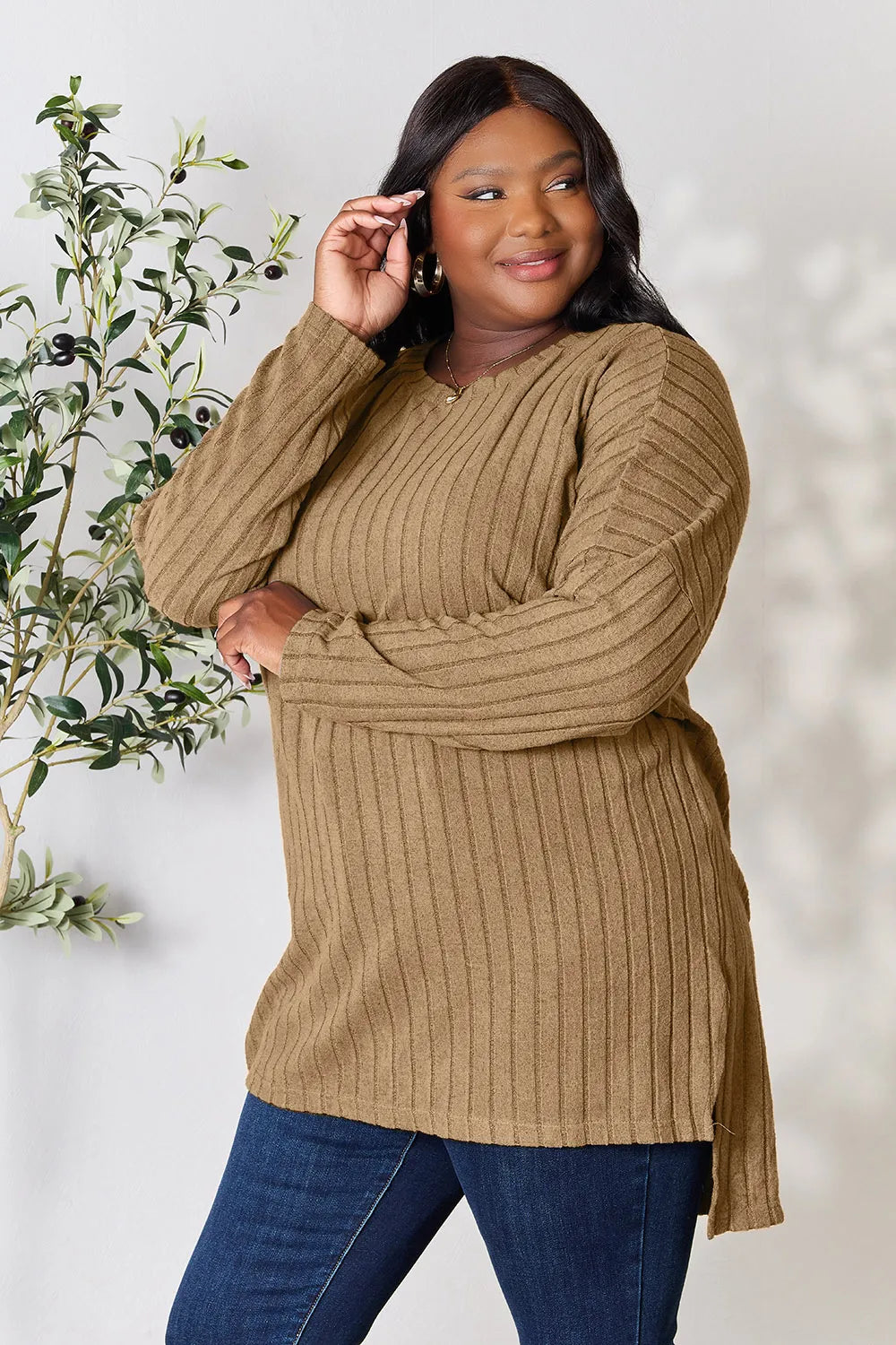 Basic Bae Full Size Ribbed Round Neck Long Sleeve Slit Top - LoveNest Treasures