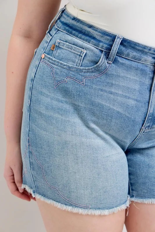 Judy Blue Full Size High Waist Western Embroidery Detail Cut Off Denim Shorts Plus Size - LoveNest Treasures