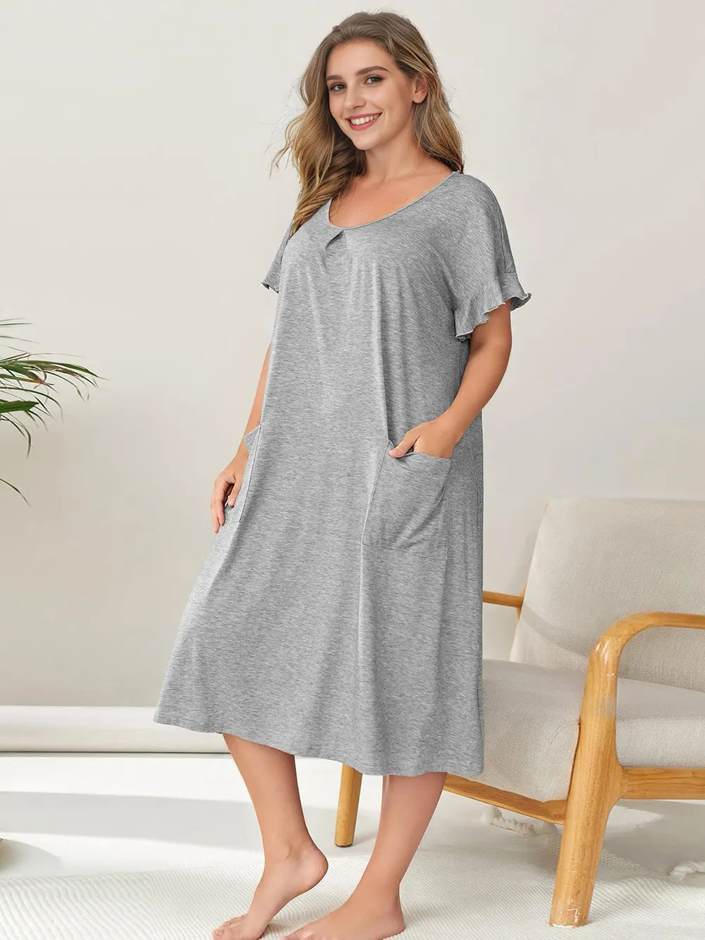 Plus Size Round Neck Short Sleeve Lounge Dress - LoveNest Treasures