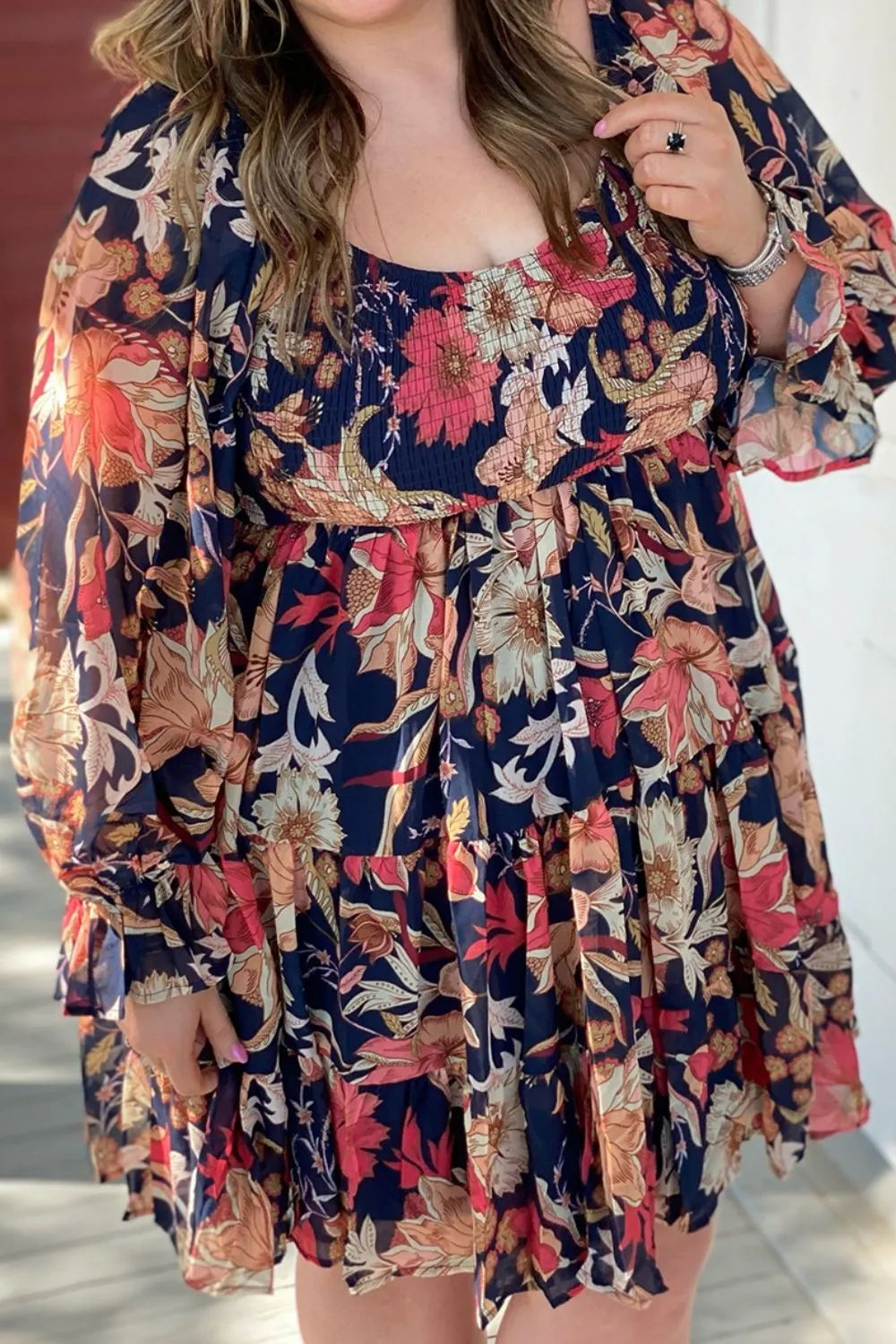 Plus Size Smocked Printed Long Sleeve Dress - LoveNest Treasures