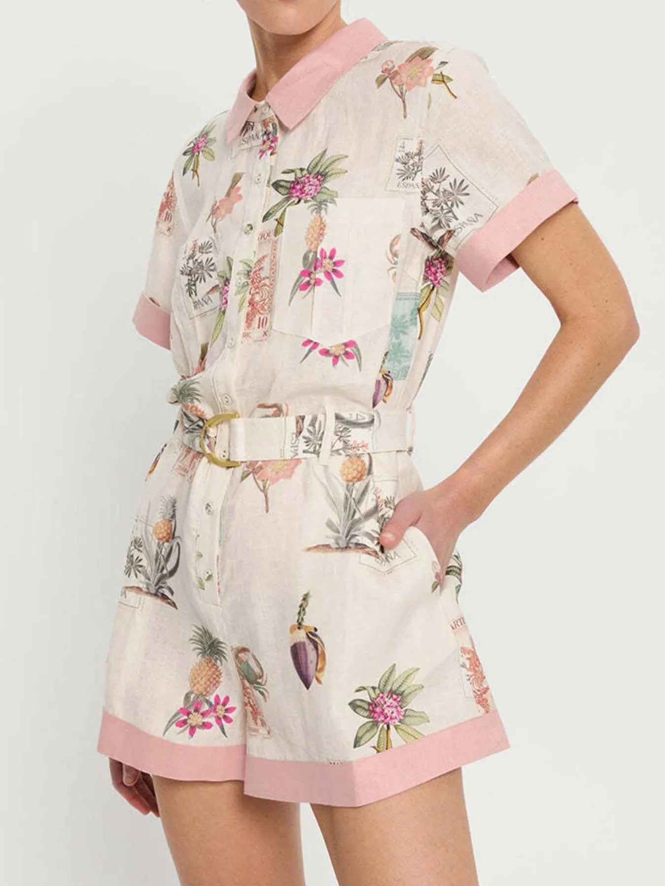 Printed Short Sleeve Romper with Belt - LoveNest Treasures