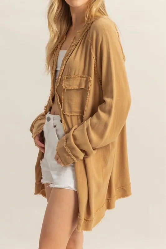 HYFVE Raw Edge Button Down Raglan Sleeve Shirt - LoveNest Treasures