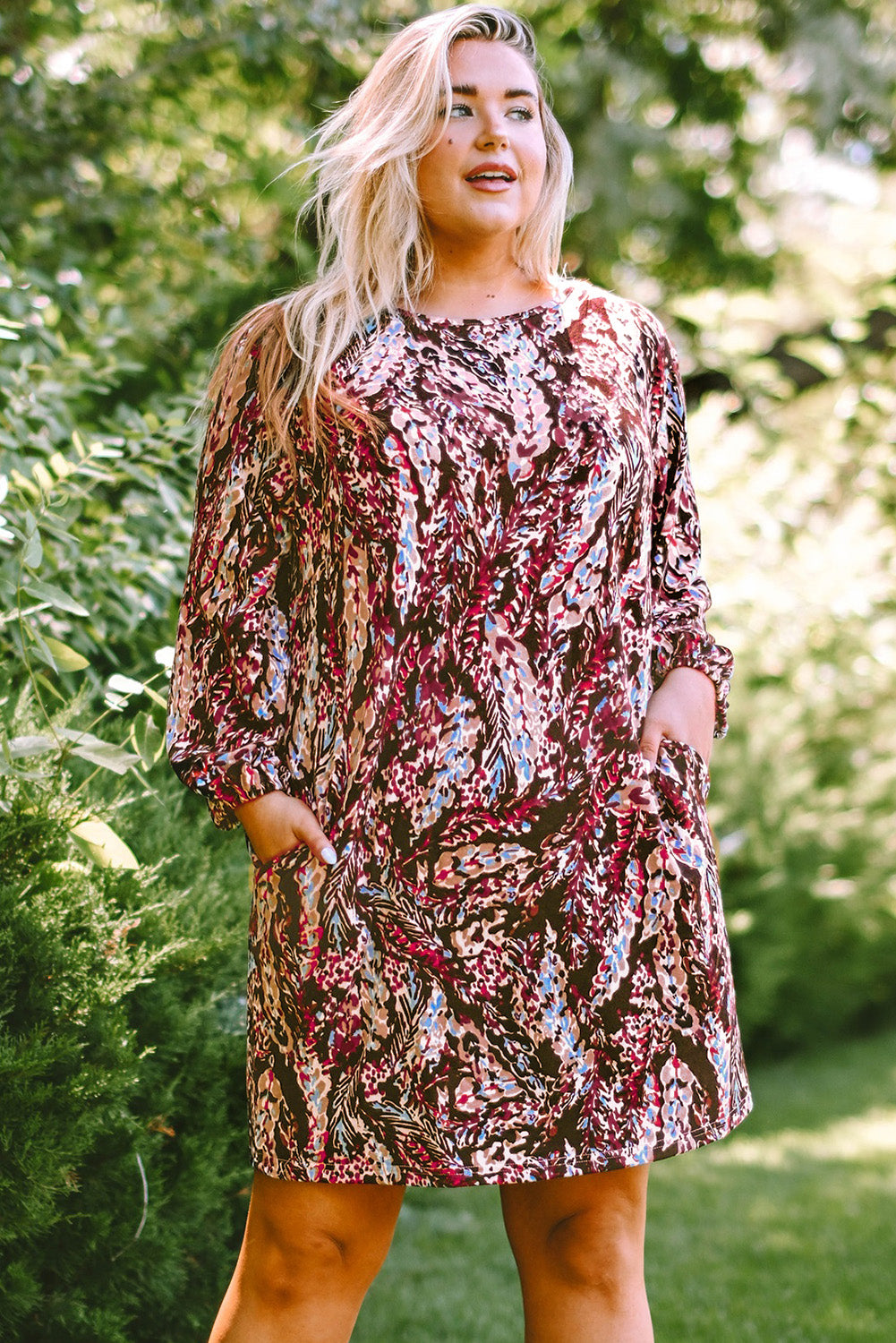 Plus Size Printed Round Neck Long Sleeve Mini Dress - LoveNest Treasures
