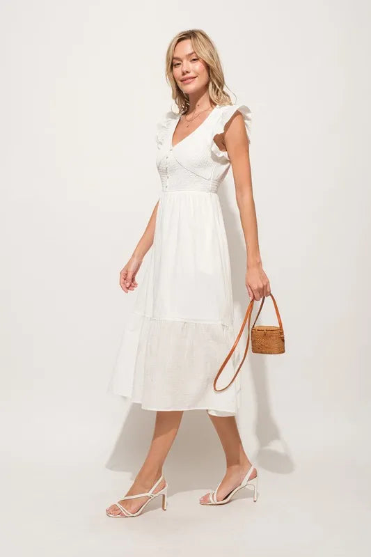 And The Why Ruffle Sleeve Front Smocked Tiered Midi Dress - LoveNest Treasures