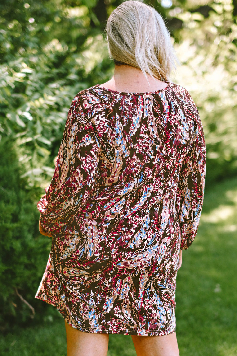 Plus Size Printed Round Neck Long Sleeve Mini Dress - LoveNest Treasures