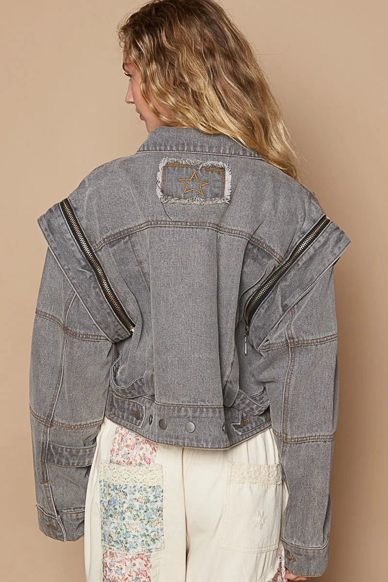 POL Cropped Denim Jacket with Functional Zipper Detail - LoveNest Treasures