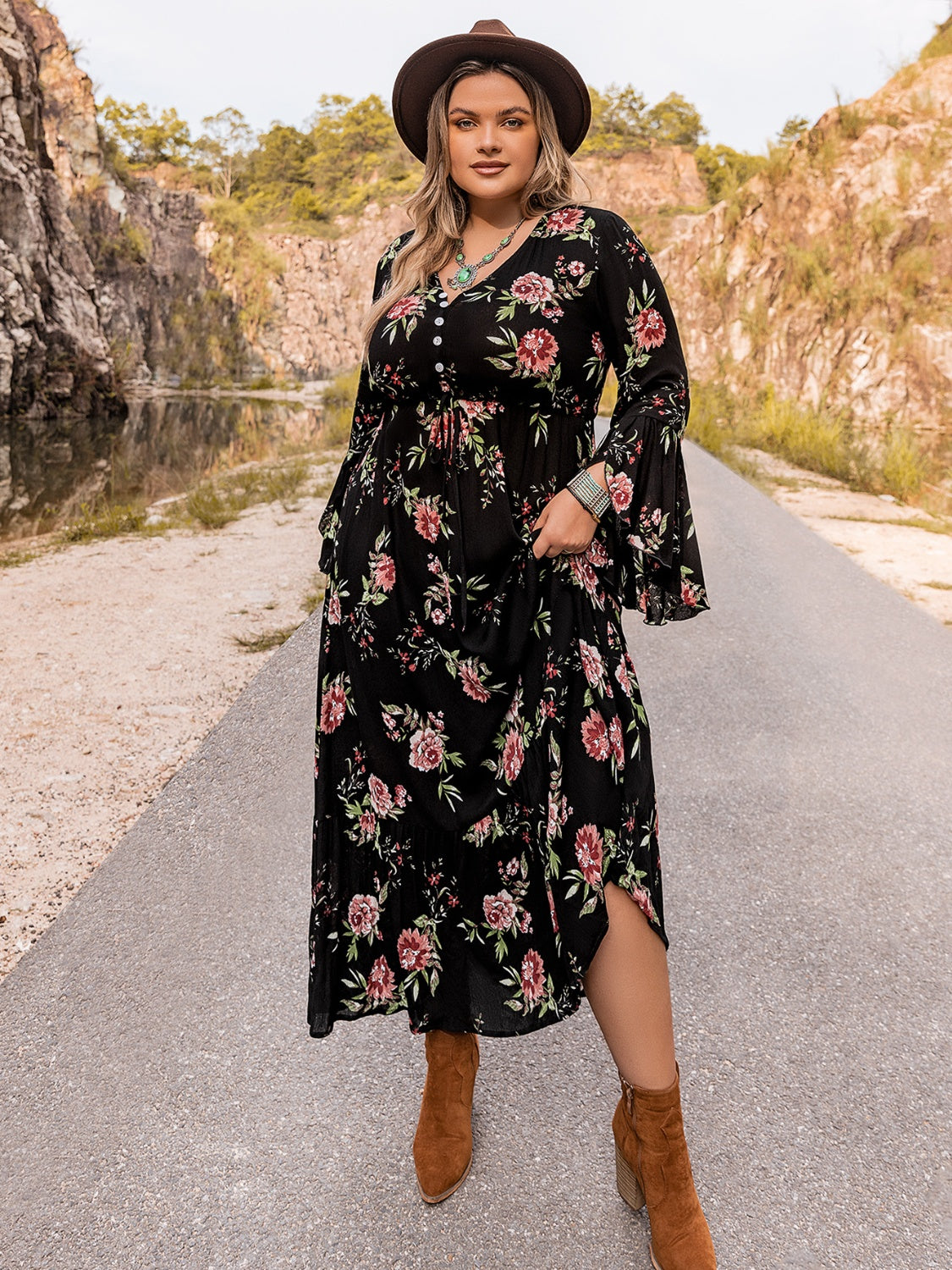 Plus Size Floral Flare Sleeve Dress - LoveNest Treasures