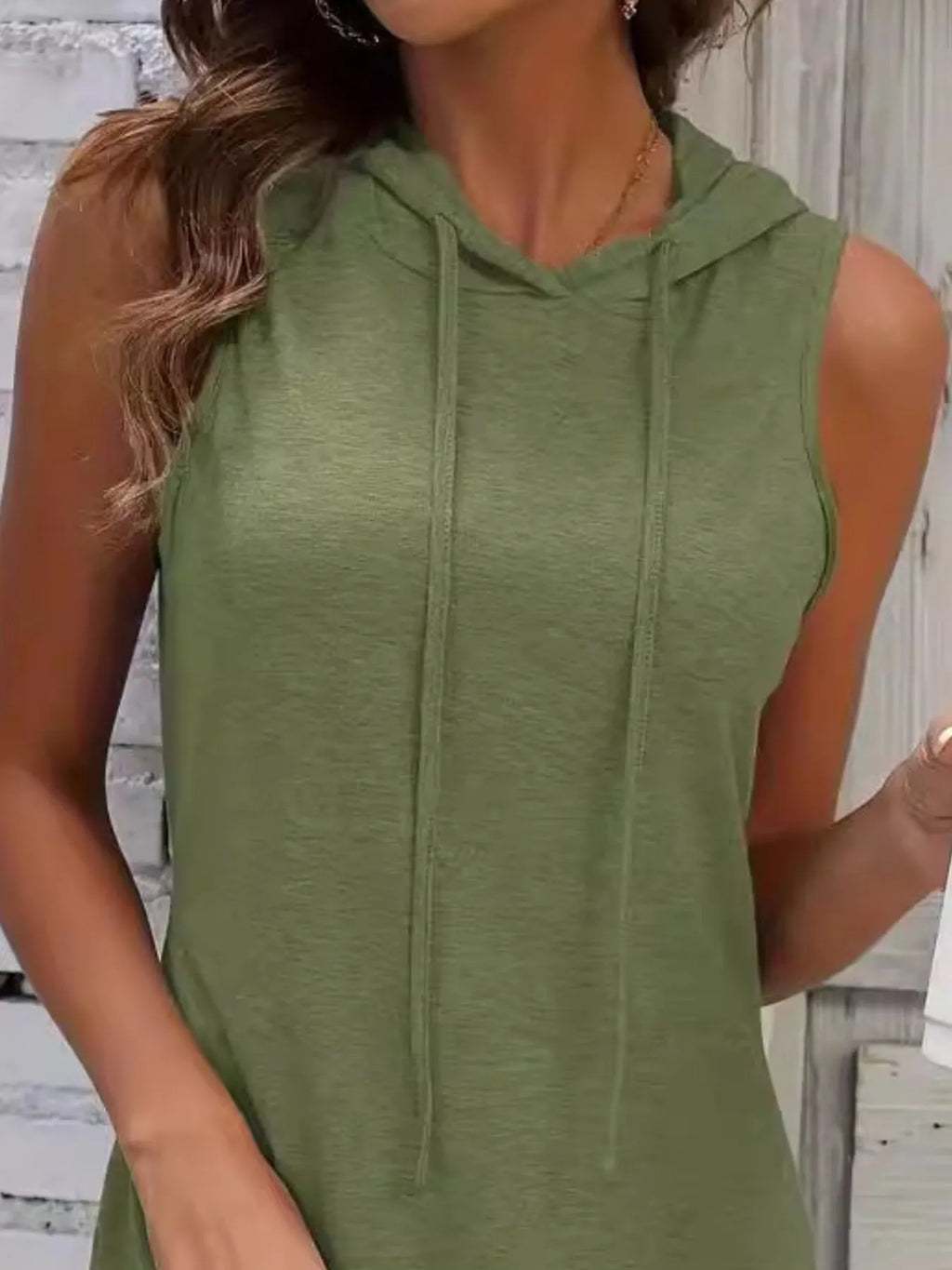 Full Size Drawstring Casual Sleeveless Hooded Mini Dress Plus Size - LoveNest Treasures