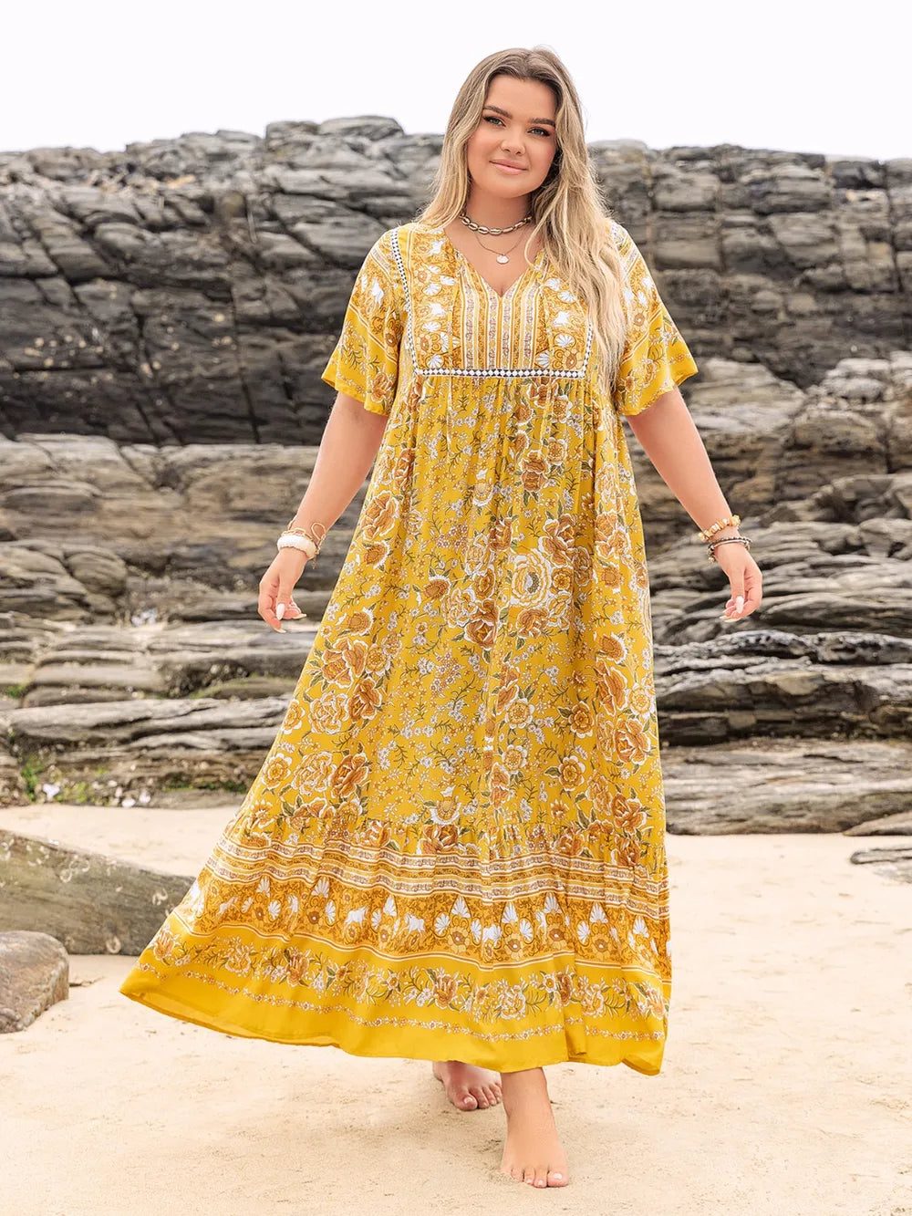 Plus Size Floral Tie Neck Flutter Sleeve Maxi Dress - LoveNest Treasures