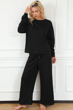 Double Take Full Size Textured Long Sleeve Top and Drawstring Pants Set - LoveNest Treasures