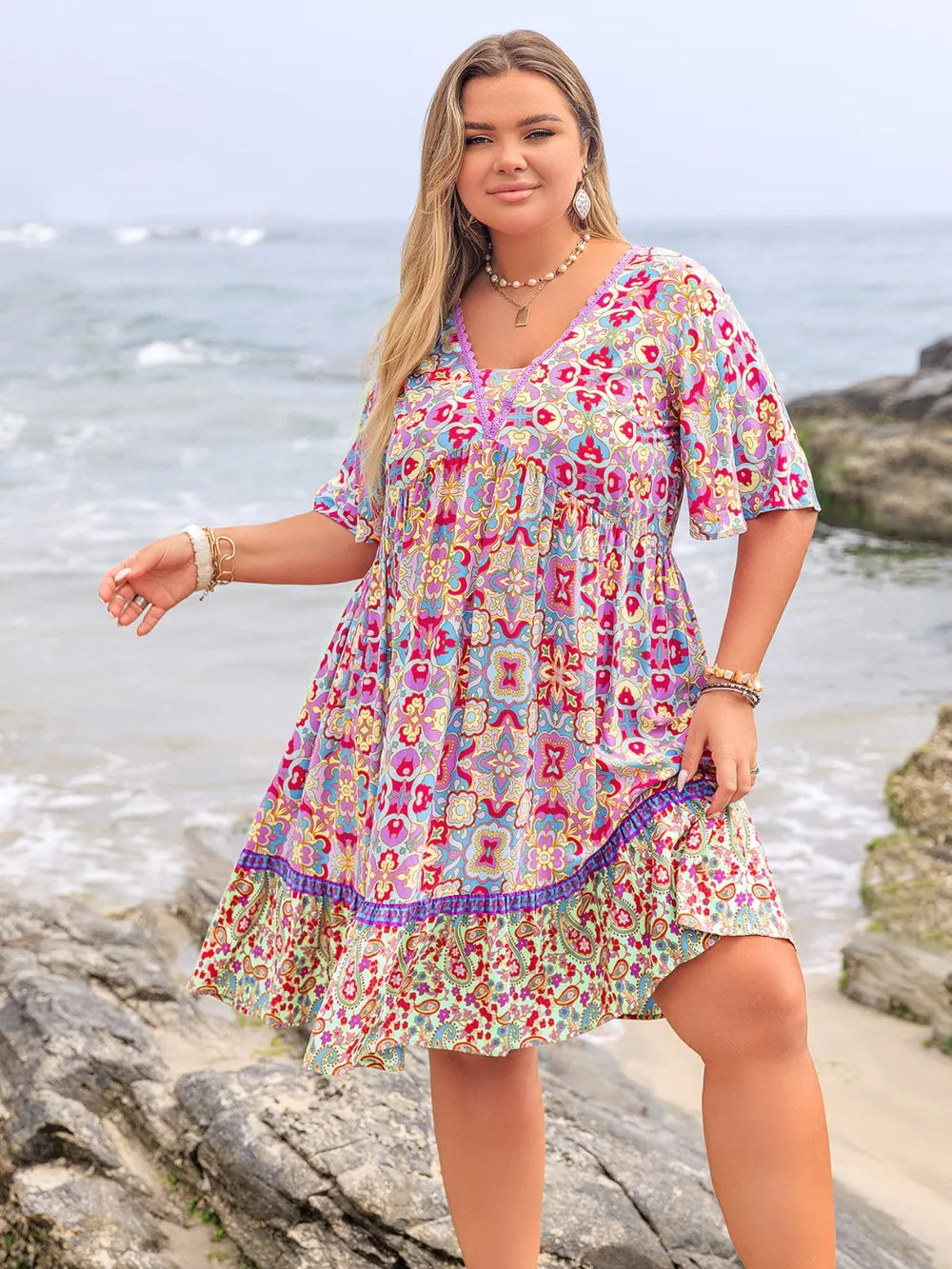 Plus Size Lace Detail Printed Half Sleeve Dress - LoveNest Treasures