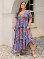 Plus Size Ruffled Printed V-Neck Short Sleeve Maxi Dress - LoveNest Treasures