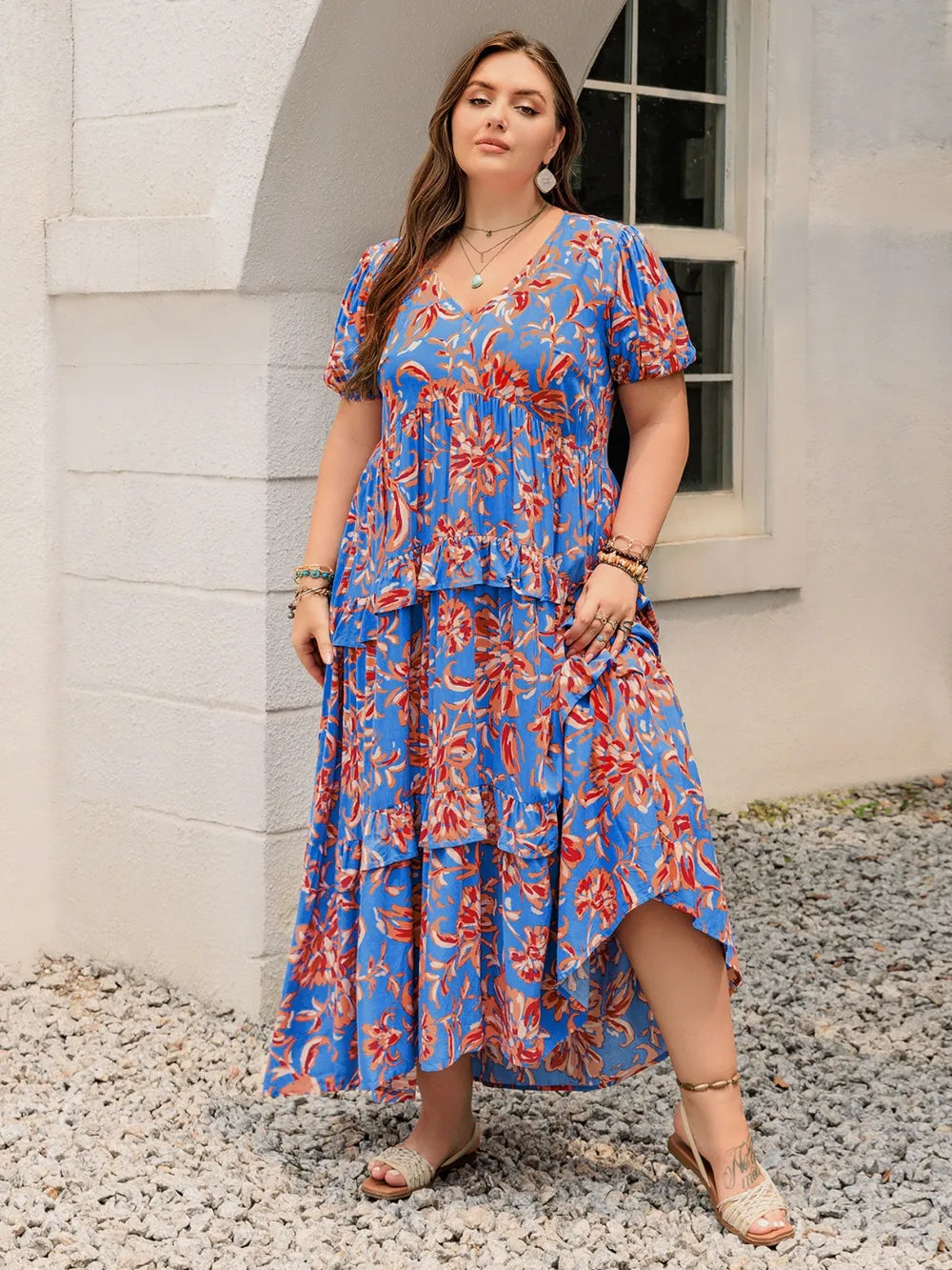 Plus Size Ruffled Printed V-Neck Short Sleeve Maxi Dress - LoveNest Treasures