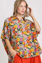 Umgee Full Size Flower Print Boxy Cut Button Down Shirt Plus Size - LoveNest Treasures