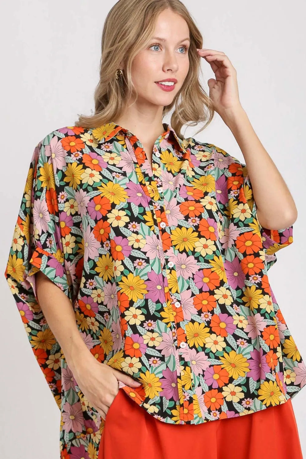 Umgee Full Size Flower Print Boxy Cut Button Down Shirt Plus Size - LoveNest Treasures