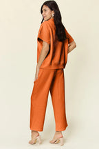 Double Take Full Size Texture Half Zip Short Sleeve Top and Pants Set - LoveNest Treasures