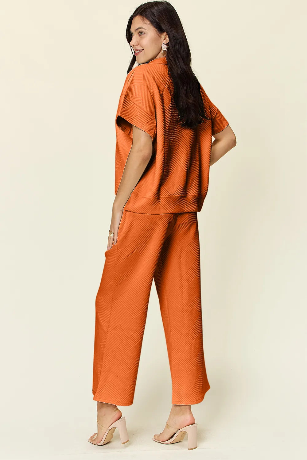 Double Take Full Size Texture Half Zip Short Sleeve Top and Pants Set - LoveNest Treasures